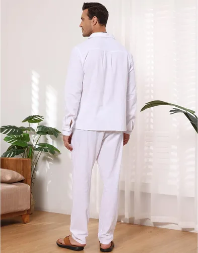 Vista 6 de EndoraDore Men's Outfits Linen Button Down Long Sleeve Shirt And Casual Beach Drawstring Waist Pants 2 Piece Set