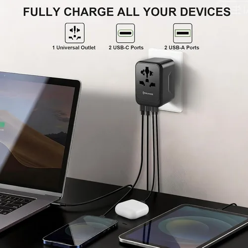 Vista 4 de Realmade Adaptador de viaje universal de 35 W con carga rápida PD, 5 puertos (1 AC/2 USB-A/2 USB-C) adaptador de enchufe de viaje europeo, tipo