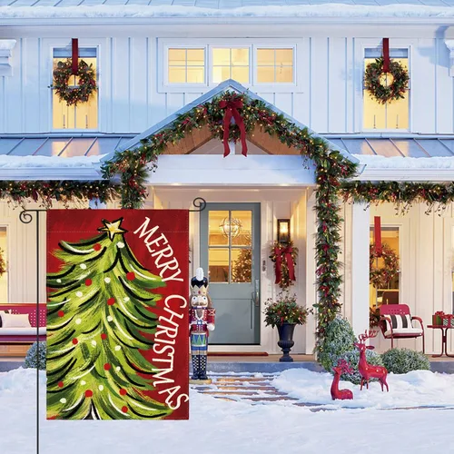 Vista 4 de AVOIN colorlife Bandera de Jardín de Feliz Navidad de 12 x 18 Pulgadas, de Doble Cara, para Navidad, Árbol de Navidad, Invierno, Vacaciones, Bandera