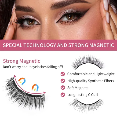 Vista 3 de Pestañas magnéticas dobles, pestañas magnéticas sin delineador de ojos 4D aspecto natural, reutilizables, fáciles de usar, pestañas postizas