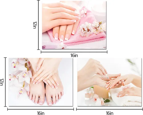 Vista 5 de HOMEOART 3 piezas de imágenes de pared de salón de belleza, decoración de salón de uñas, pedicura y manicura, póster en lienzo enmarcado, 12 x 16 x