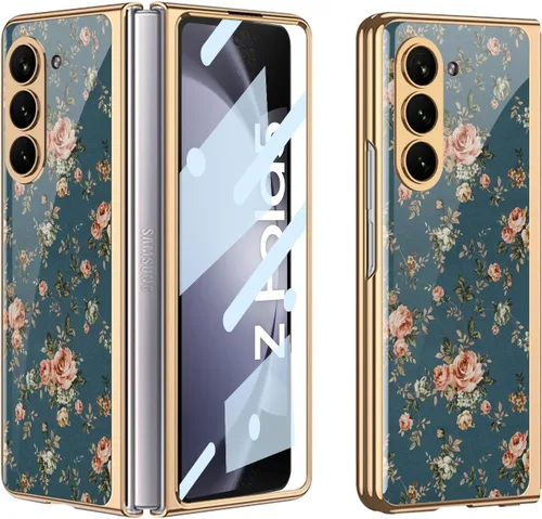Vista 27 de Funda para Galaxy Z Fold 5, elegante marco galvanizado con vidrio estampado, protector de pantalla integrado compatible con Samsung Galaxy Z Fold 5