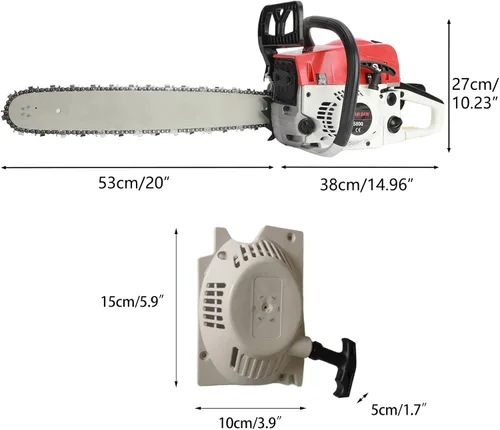 Vista 5 de cdar Motosierra a gas, potente motosierra ergonómica inalámbrica de mano de 20 pulgadas, 58 cc, 13000 r/min, herramienta de corte de madera