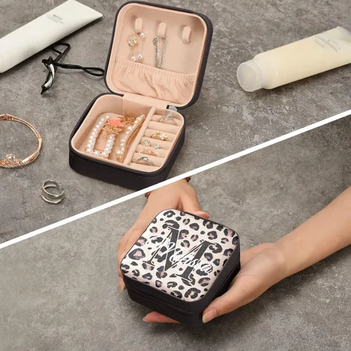 Vista 8 de Joyero de viaje personalizado con estampado de leopardo rosa y negro caja de joyería personalizada organizador de viaje caja de joyería pequeña
