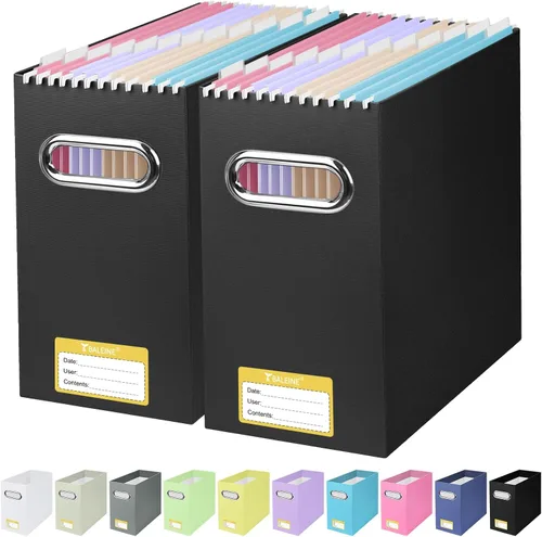 Vista 31 de BALEINE Caja organizadora de archivos, organizador de carpetas de archivos de cartón con asa para tamaño carta, caja de archivos plegable portátil