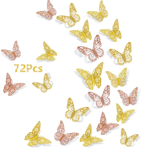 Vista 12 de Calcomanías de pared de mariposa 3D, 72 unidades, 3 tamaños, 3 estilos, calcomanías de pared metálicas extraíbles, calcomanías de pared para nevera