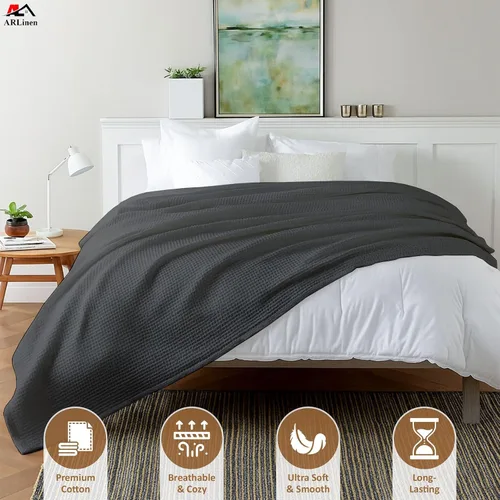 Vista 3 de Manta de cama de gofres, 100% algodón, suave, ligera, transpirable, manta térmica para todas las estaciones, tamaño matrimonial, gris oscuro