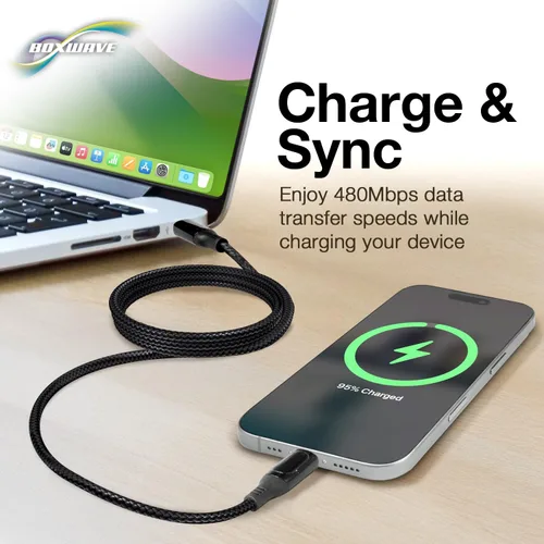 Vista 5 de BoxWave Cable Compatible with Lava Z4 - PowerDisplay PD Cable (6ft) - USB-C to USB-C (100W), LED Wattage Info Extra Long Braided Nylon - Jet Black