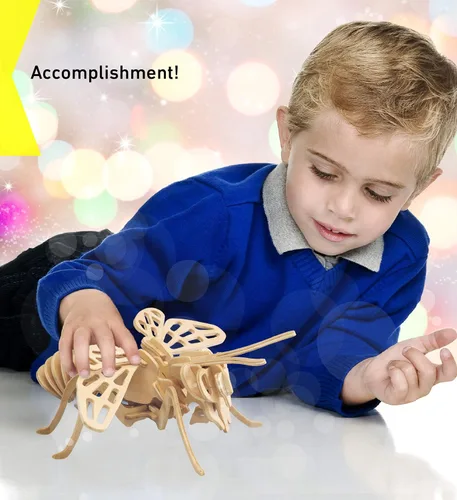 Vista 6 de Puzzled Rompecabezas 3D de madera de abeja de abeja, kit de modelo de construcción único y educativo, juguete de insectos de madera para armar