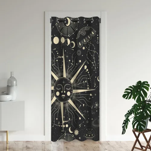 Vista 12 de Cortinas opacas de fantasía bohemias para puertas, diseño de luna mística, estrellas, tribal, para armario de dormitorio de niños, con ojales