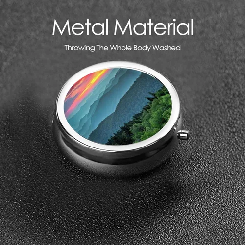 Vista 6 de Pastillero redondo impreso Mountain Sunset portátil, mini pastillero, organizador de píldoras de metal chapado en hierro con 3 compartimentos
