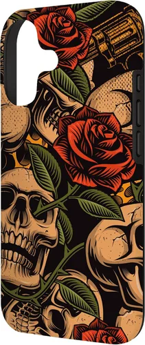 Vista 2 de Funda con diseño de tatuajes de flash tradicional para iPhone 17 con diseño retro rojo de rosas de calavera