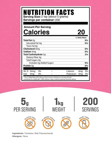 Vista 2 de BulkSupplements.com Polvo de Trehalosa - Edulcorante Natural, Sustituto del Azúcar de Trehalosa - Vegano y Sin Gluten, 5g por Porción, 1kg (2.2 lbs)