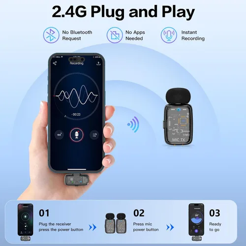 Vista 7 de ZealSound Micrófono TikTok, micrófono inalámbrico Lavalier para iPhone, iPad, Android (USB-C/Lightning), mini micrófono con funda de carga