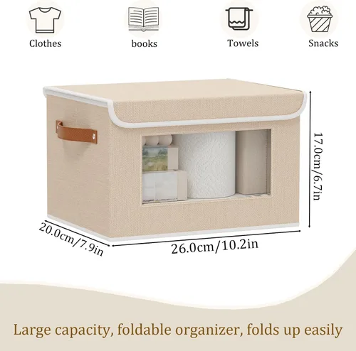 Vista 3 de Cajas de almacenamiento plegables con tapas, organizadores de armario de lino, contenedores de almacenamiento de 10.2 x 7.8 x 6.7 pulgadas para Beige