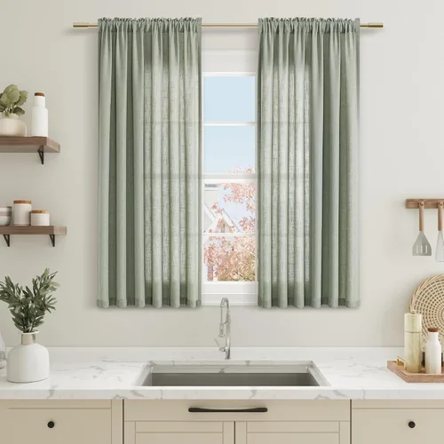 Vista 14 de Cortinas de lino verde aguamarina de 84 pulgadas de largo, juego de 2 paneles semitransparentes con bolsillo para barra para comedor, decoración