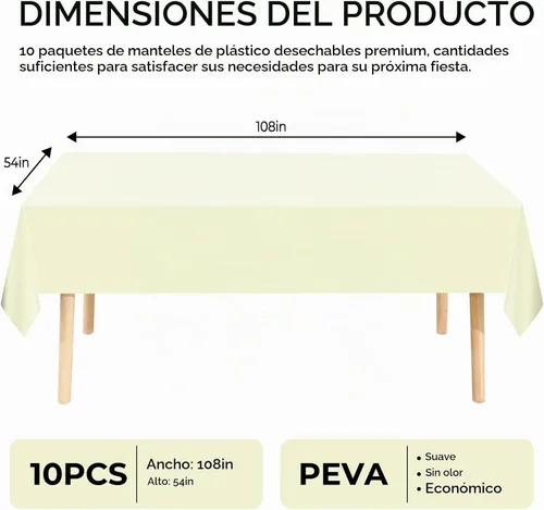 Vista 2 de Paquete de 10 manteles desechables de plástico premium de 54 x 108 pulgadas, mantel rectangular para mesa, para cumpleaños, bodas, Navidad, Beige