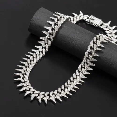Vista 5 de HUITIAN INTL Cadena de eslabones cubanos para hombres y mujeres, cadena helada con espinas de diamante, circonita cúbica de 18 quilates, chapado
