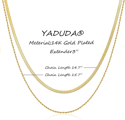 Vista 3 de YADUDA Collar de cadena en capas, cadena de cuerda, collar en espiga de espiga, estación de bolas, oro de 14 quilates, resistente al deslustre