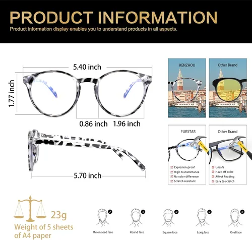 Vista 3 de K KENZHOU Blue Light Blocking Glasses Women Round Rim Frame Eyeglasses
