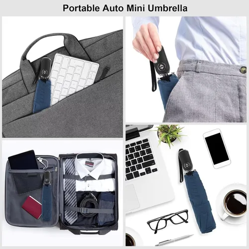 Vista 4 de LEAGERA Paraguas de viaje compacto para bolso, mango plano, impermeable para lluvia ligera