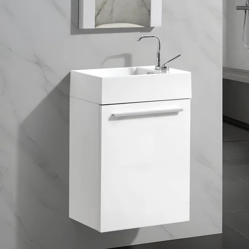 Vista 13 de Blossom Tocador de baño pequeño de 18 pulgadas con fregadero, gabinete flotante de madera maciza, resistente a la humedad, fregadero de profundidad