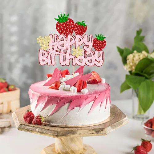Vista 7 de 1 paquete de decoración de pastel de fresa con purpurina para temática de frutas, baby shower, fiesta de cumpleaños de niños, suministros