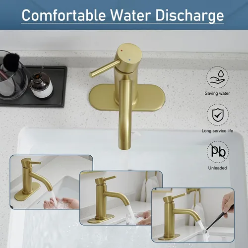 Vista 5 de GENBONS Grifos de Baño Dorados, Grifo de Lavabo Moderno de Una Sola Manija Dorado Cepillado de 1 Agujero con Placa de Cubierta de 3 Agujeros, Grifo