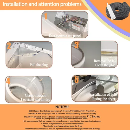 Vista 6 de Actualización 280114 W10521118 697694 Secadora Tambor Kit de Sello de Fieltro Reemplazo W10116343 W10166807 Sello Compatible con Whirlpool Maytag
