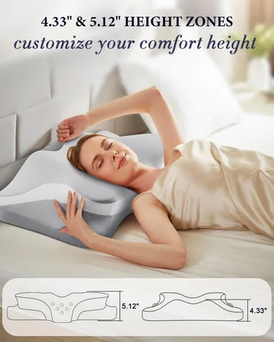 Vista 5 de Almohada cervical para el alivio del dolor de cuello, almohadas de espuma viscoelástica de enfriamiento ergonómicas para dormir con funda de Gris