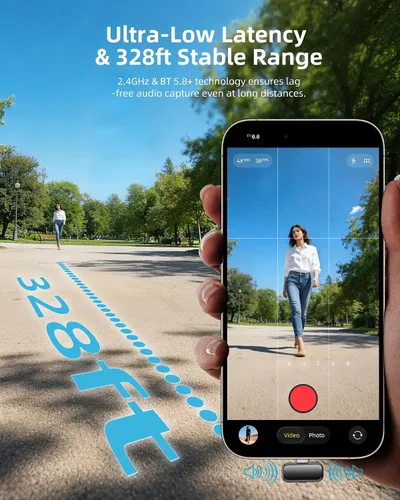 Vista 8 de Mini micrófono inalámbrico Lavalier para iPhone y cámara Android, micrófonos inalámbricos de doble canal con cancelación de ruido AI, rango de 328