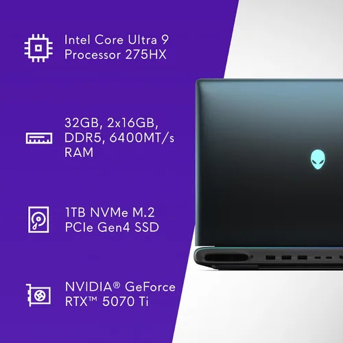 Vista 11 de Alienware Portátil para juegos 16 Area-51, RTX5070 Ti, Intel Core Ultra 9