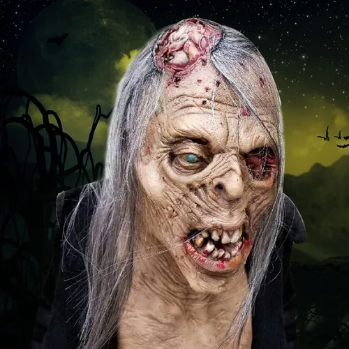 Vista 2 de Pigmiss Máscara de zombi aterrador de Halloween, espeluznante y realista, máscara facial de anciano con peluca larga, de terror, cabeza completa