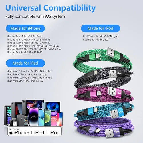 Vista 6 de Cargador USB a iPhone de 6 pies/5 unidades compatible con iPhone 14 13 12 11 Pro Max XR XS X 8 7 6 Plus SE, iPad Pro Air Mini, iPod, cable largo