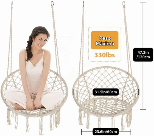 Vista 4 de Garpans Hamaca de macramé, estilo bohemio, hamaca con borlas, columpio colgante hecha a mano, cuerda de algodón tejida a mano para interiores y Beige
