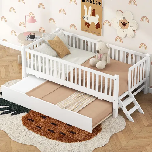 Vista 15 de Polibi Sofá cama de tamaño matrimonial, marcos de cama de día completo de madera con dos cajones y barandillas de seguridad para dormitorio, sala