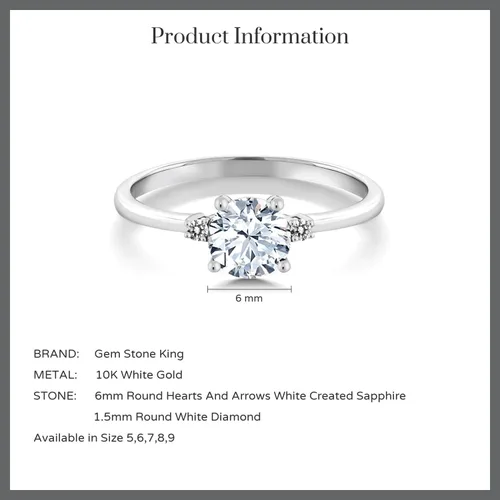 Vista 6 de Gem Stone King Anillo solitario de compromiso de oro blanco de 10 quilates con zafiro blanco y diamantes blancos para mujer (1.23 qttw)