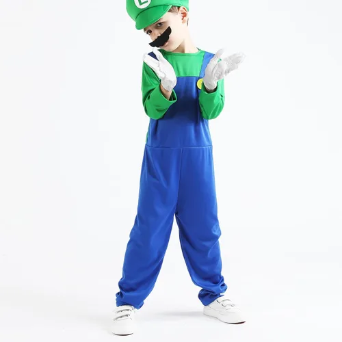 Vista 2 de Aoibox Disfraz de Super Brothers, overol de Halloween para niños con sombrero, bigote y guantes, fontanero M & L Cosplay
