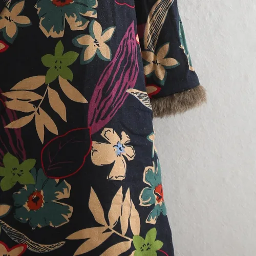 Vista 9 de LZJN - Abrigo cálido para mujer, con estampado floral, chaqueta larga de algodón y lino, vintage, con capucha, acolchado para invierno