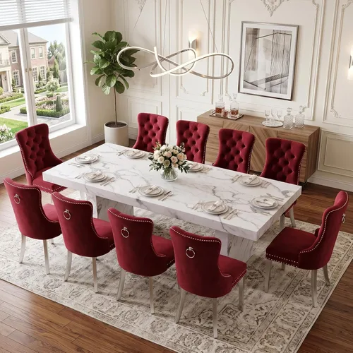 Vista 17 de Ebullient 79" White Dining Table Set for 8, Faux Marble Table & 8 Chairs Cream Chairs