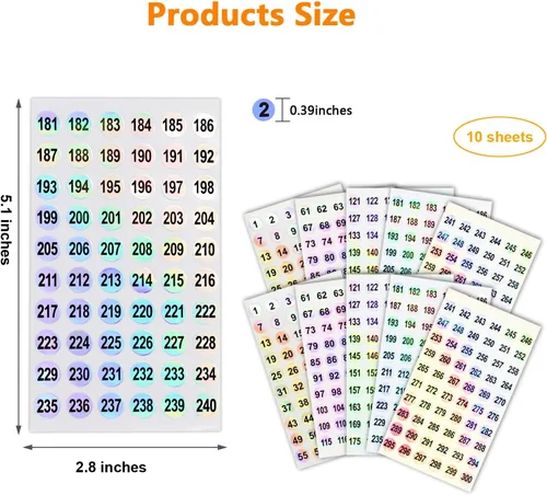 Vista 6 de 2 juegos de pegatinas numéricas (número 1-300), pegatinas holográficas autoadhesivas para organizar botellas de esmalte de uñas/palitos de muestra