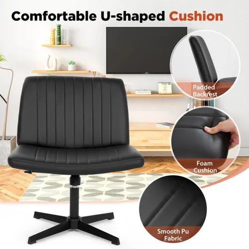 Vista 5 de Silla cruzada sin brazos, silla de oficina con patas cruzadas, cómoda silla de tocador con respaldo, silla de escritorio giratoria ancha ajustable