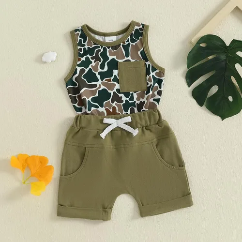 Vista 29 de Ropa de bebé niño sin mangas + pantalones cortos con estampado a rayas con bolsillos, 2 piezas de trajes de verano