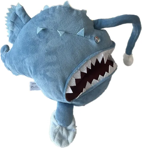 Vista 2 de Juguete de peluche de pez pescador simulado, muñeca de pez pescador azul, animal del océano para regalo de cumpleaños de niños, decoración del hogar