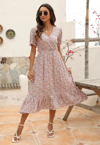 Vista 3 de Manydress Vestidos casuales con estampado floral para mujer vestido de verano con cuello en V bohemio vestido cruzado con bolsillos MY107