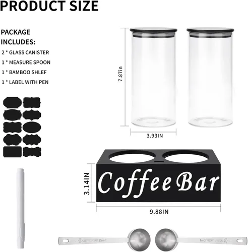 Vista 5 de ZOMUIA Rustic Modern Black - 2 tarros pequeños de almacenamiento de café de 44 onzas con estante, 2 recipientes de café de vidrio herméticos