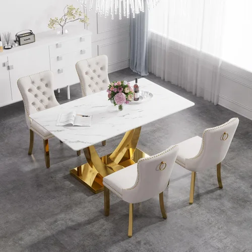 Vista 20 de Juego de mesa de comedor de cristal moderno de mediados de siglo para 4, 63 pulgadas, juego de comedor rectangular grande de lujo con parte superior
