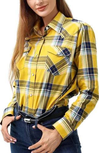 Vista 14 de PASHARTUK Camisas occidentales para mujer, camisas de manga larga de algodón para mujer con botones a presión, camisas a cuadros para mujer Beige