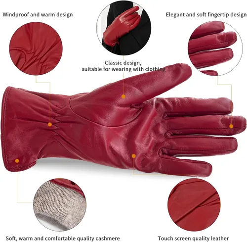 Vista 2 de ZLUXURQ Guantes de cuero suave italiano de lujo para mujer, guantes de piel de oveja genuina para mujer, guantes de clima frío con forro de cachemira