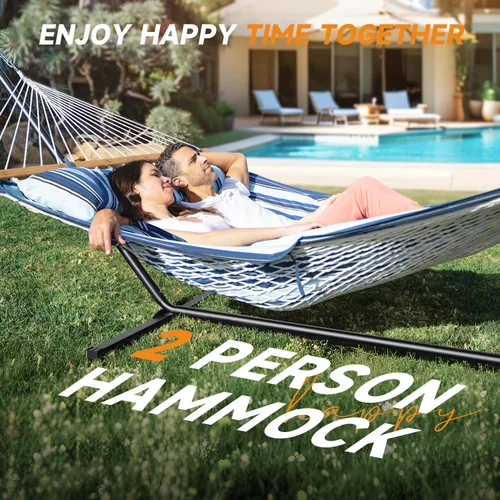 Vista 2 de Everyfun - Hamaca para 2 personas al aire libre con soporte, hamaca de cuerda de algodón con almohadilla de poliéster, estructura de acero